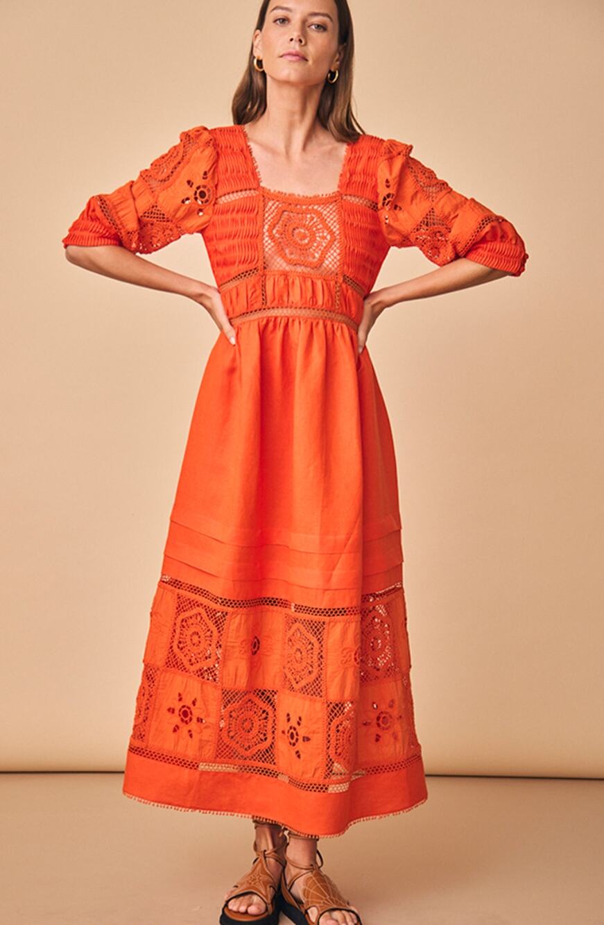 Hunter Bell Tuckernuck Rowe Cherry Red Midi Maxi Crochet Cut Out Linen Dress 4